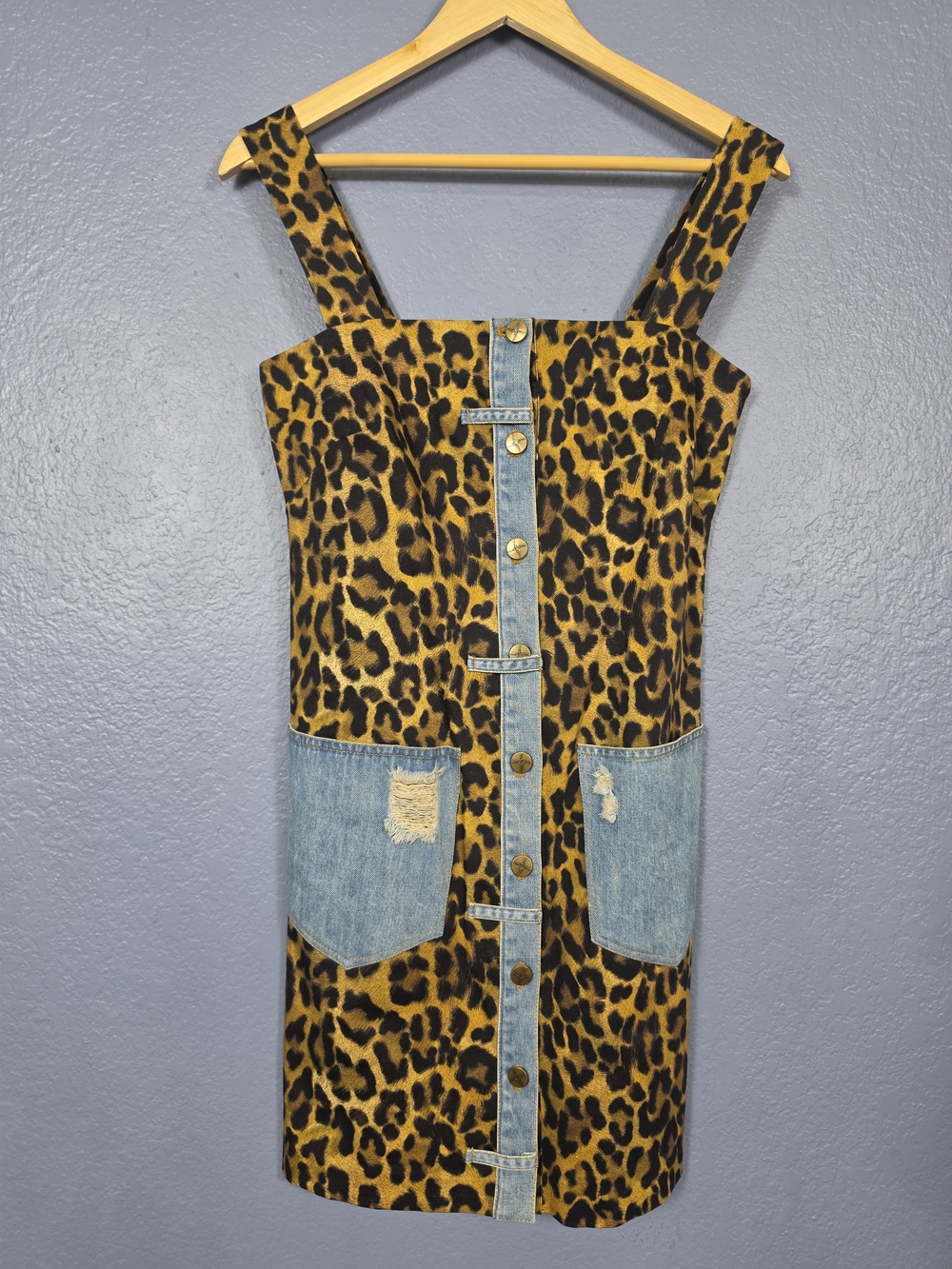 NWT Nicole Miller Leopard Print Denim-Trim Dress